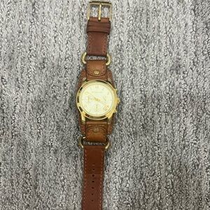 Michael Kors Genuine Brown Leather Women's Watch Strap Wristwatch - Gold Dial